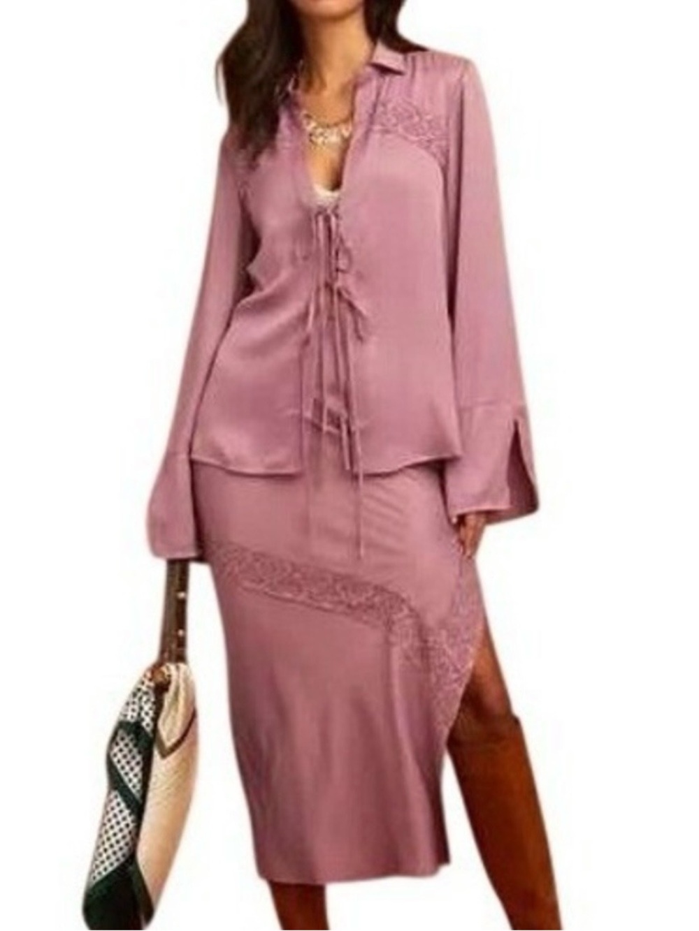 Free People Lucia Dusty Pink Lace Trimmed Satin Maxi Skirt Set Size Medium